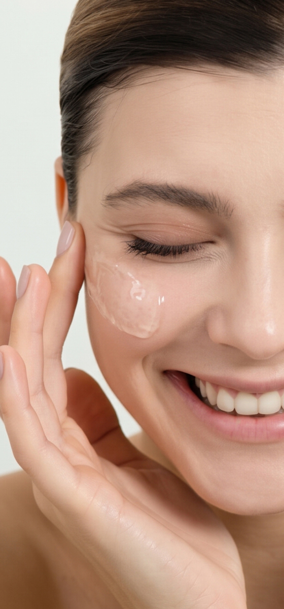 Immagine di una ragazza che sorride, molto naturale, con due linee bianche sulle guance